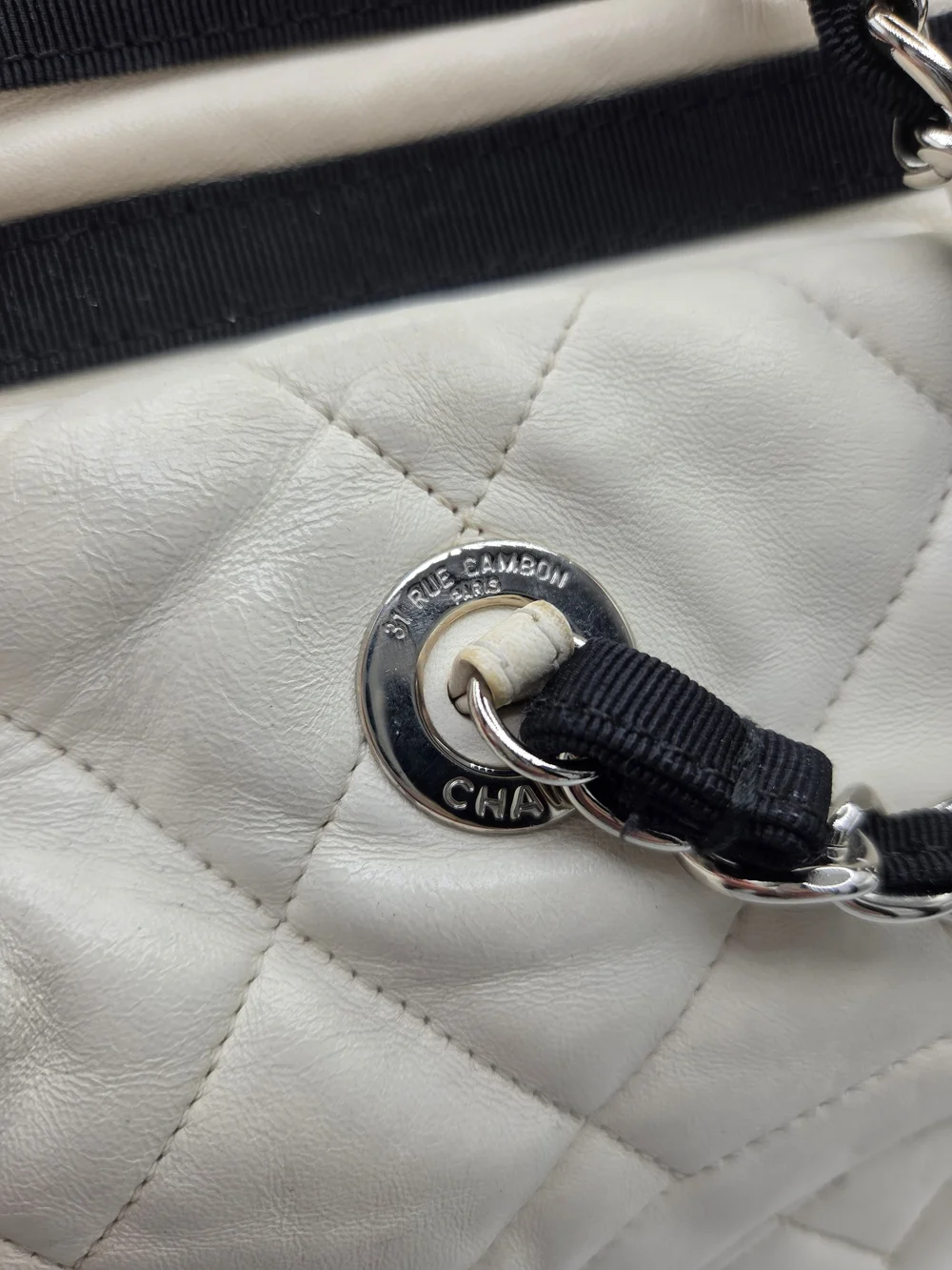 Vintage CHANEL Quilted Shopping Tote White & Black Purse